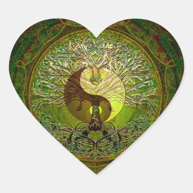 Green Yin Yang Mandala with Tree of Life Heart Sticker (Front)