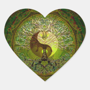 Green Yin Yang Mandala with Tree of Life Heart Sticker