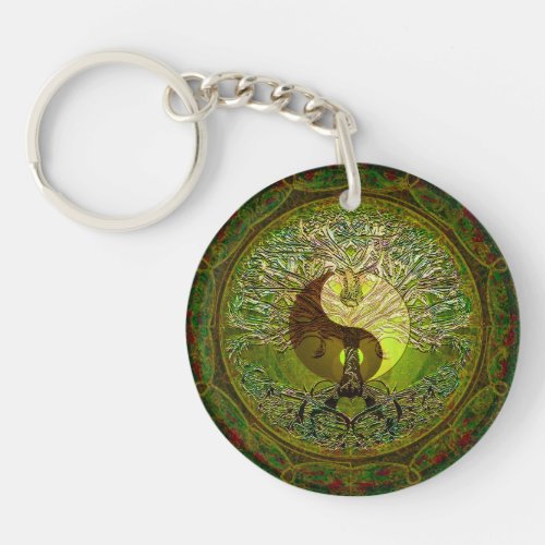 Green Yin Yang with Tree of Life Keychain