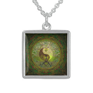 Green Yin Yang with Tree of Life Sterling Silver Necklace