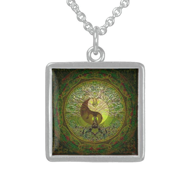 Green Yin Yang with Tree of Life Sterling Silver Necklace (Front)