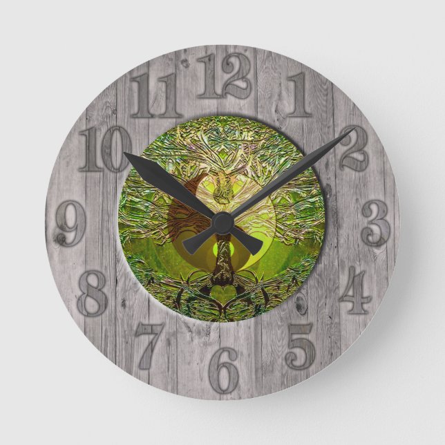 Green Yin Yang with Wood Frame Round Clock (Front)