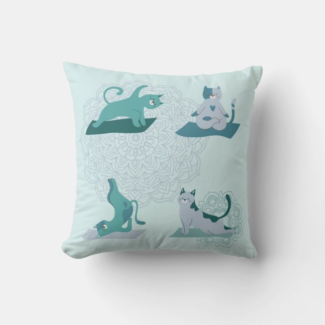 Green Yoga Cats Throw Pillow (Front)