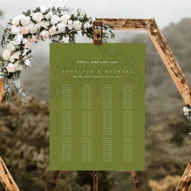 Green Yosemite National Park Seating Chart Wedding Foam Board (Moss Green Yosemite National Park Mountain Range Seating Chart Wedding Foam Board)