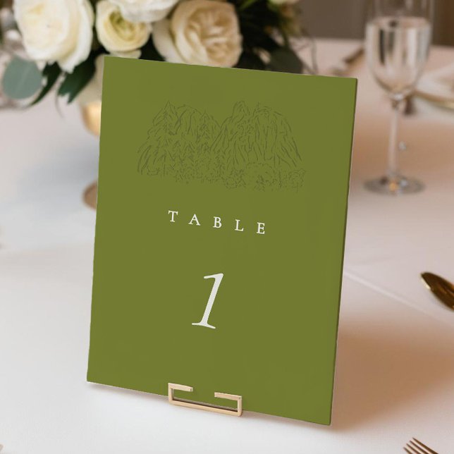 Green Yosemite Park Mountain Wedding Table Number (Green Yosemite Park Mountain Range 5x7"  Wedding Table Number)