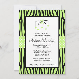 Green Zebra Mobile Hearts Baby Shower Invitation