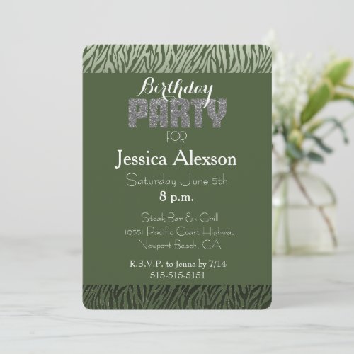 Green Zebra Print Birthday Invitation