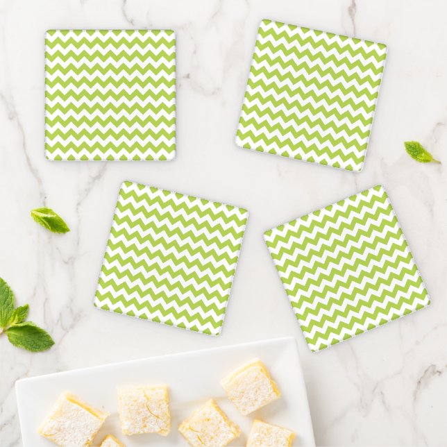 Green Zigzag, Green Chevron, Geometric Pattern Coaster Set (In Situ)