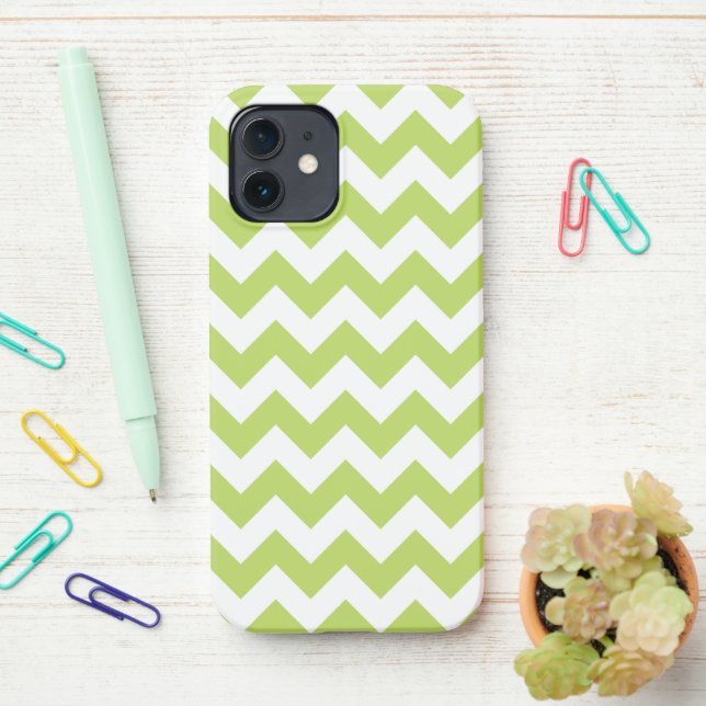 Green Zigzag, Green Chevron, Geometric Pattern iPhone Case (On Desk)