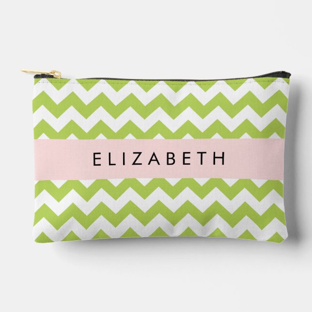 Green Zigzag, Green Chevron, Your Name Accessory Pouch (Front)