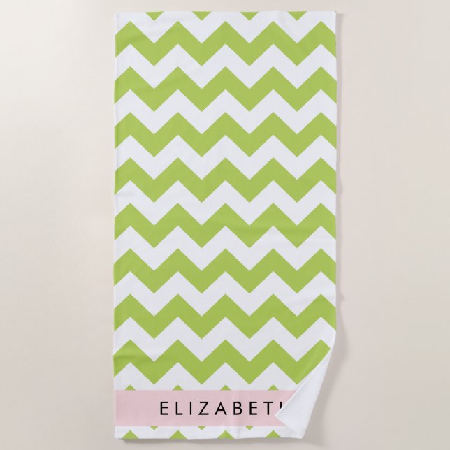 Green Zigzag, Green Chevron, Your Name Beach Towel (Front)