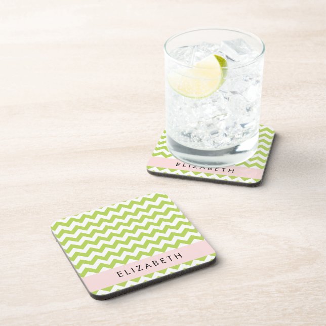 Green Zigzag, Green Chevron, Your Name Beverage Coaster (Right Side)