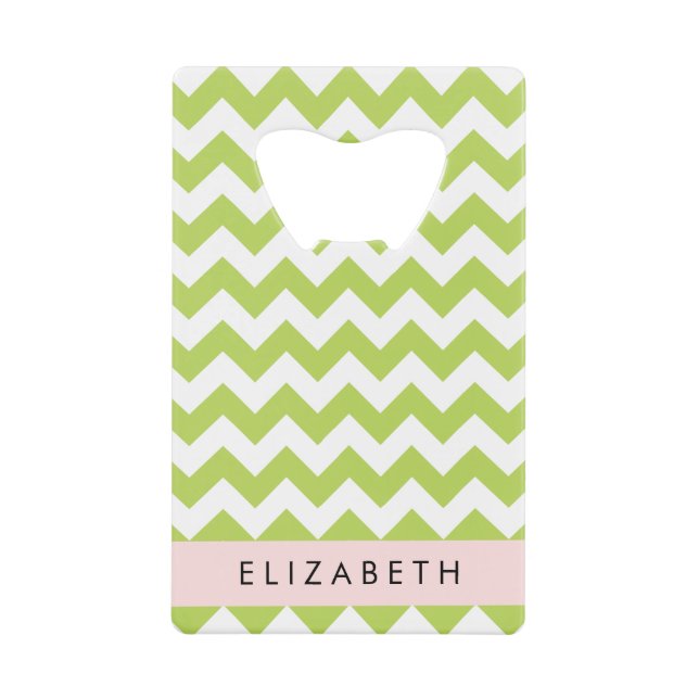 Green Zigzag, Green Chevron, Your Name Credit Card Bottle Opener (Front)