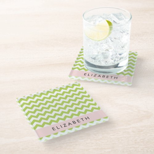 Green Zigzag Green Chevron Your Name Glass Coaster