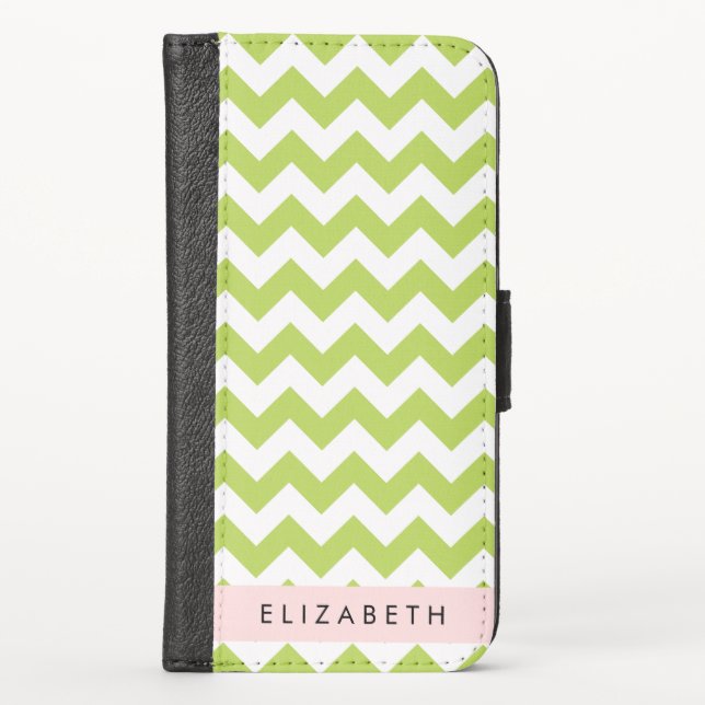 Green Zigzag, Green Chevron, Your Name iPhone Wallet Case (Front)
