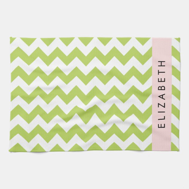 Green Zigzag, Green Chevron, Your Name Kitchen Towel (Horizontal)