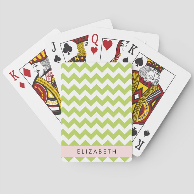 Green Zigzag, Green Chevron, Your Name Poker Cards (Back)