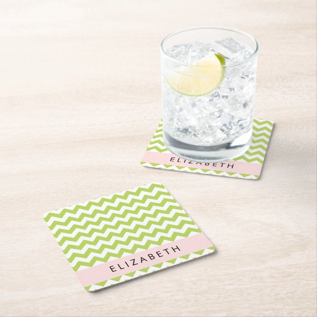 Green Zigzag, Green Chevron, Your Name Square Paper Coaster (Insitu)