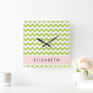 Green Zigzag, Green Chevron, Your Name Square Wall Clock