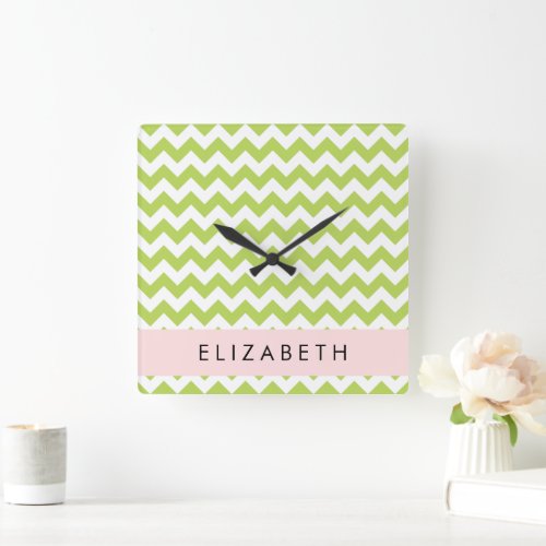 Green Zigzag Green Chevron Your Name Square Wall Clock