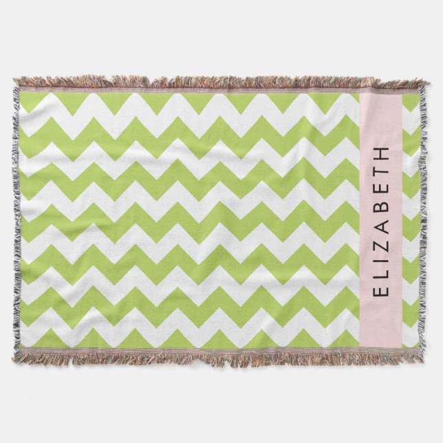 Green Zigzag, Green Chevron, Your Name Throw Blanket (Front)