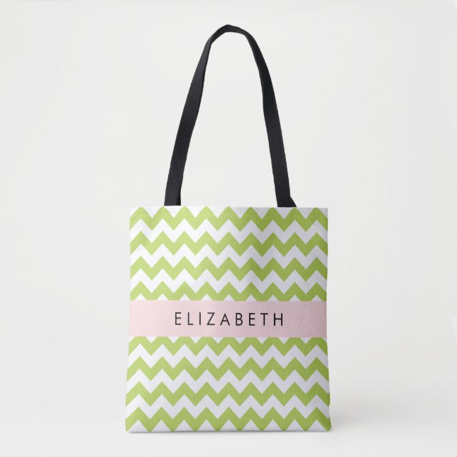 Green Zigzag, Green Chevron, Your Name Tote Bag (Front)