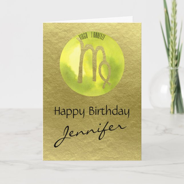 Green Zodiac Sign Virgo on Gold Background Holiday Card (Front)