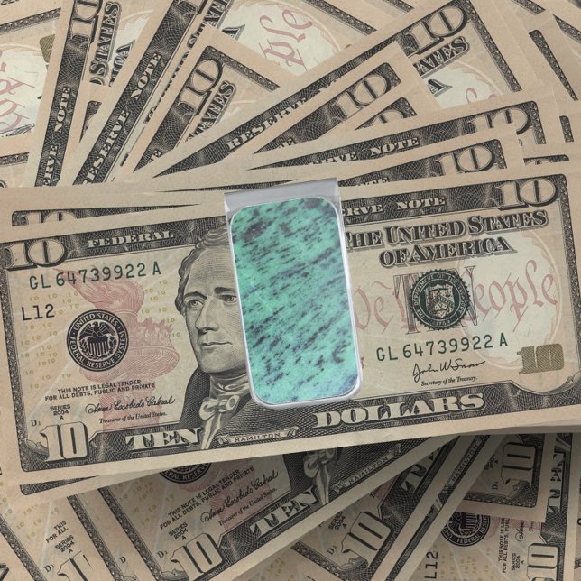 Green Zoisite Mineral Stone Pattern Silver Finish Money Clip (In Situ)