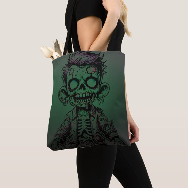 Green Zombie Kid Halloween Birthday Party Tote Bag (Close Up)
