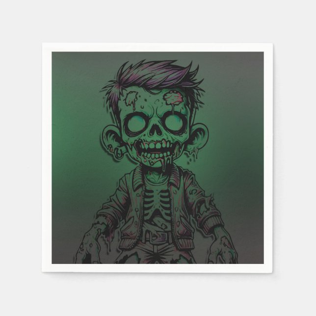 Green Zombie Kid & Slime Halloween Birthday Party Napkins (Front)