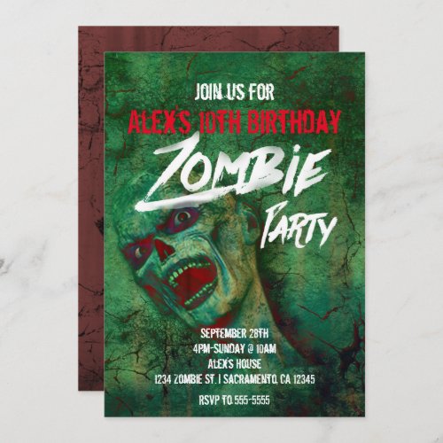 Green Zombie Party Halloween Invitations