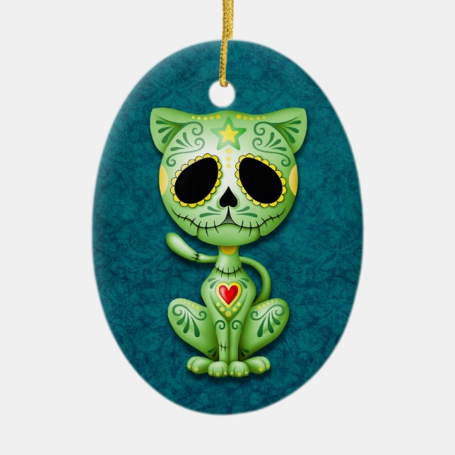 Green Zombie Sugar Kitten Ceramic Ornament (Front)