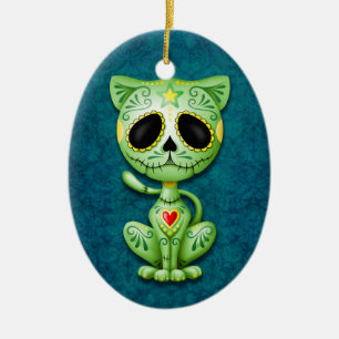 Green Zombie Sugar Kitten on Blue Ceramic Ornament