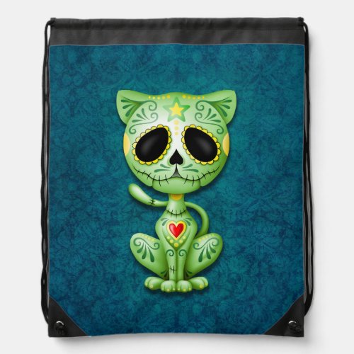 Green Zombie Sugar Kitten on Blue Drawstring Bag