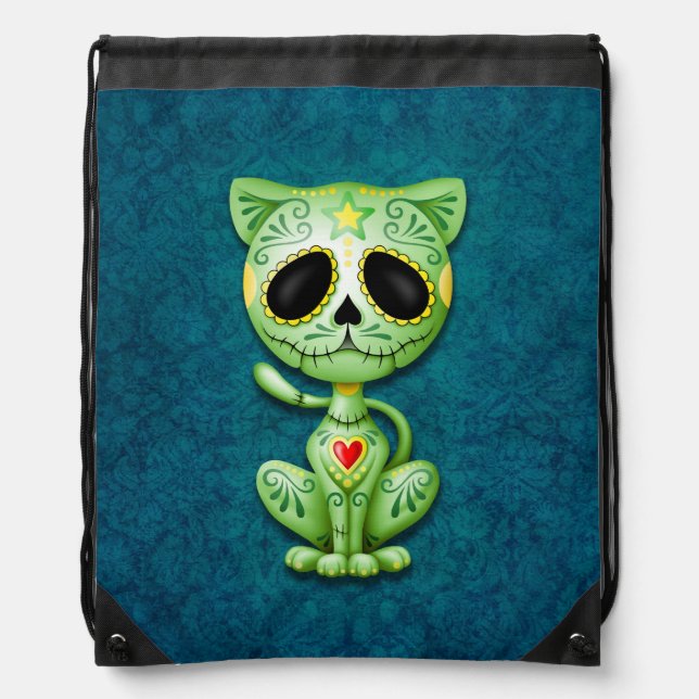 Green Zombie Sugar Kitten on Blue Drawstring Bag (Front)