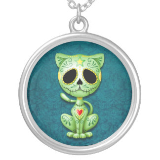Green Zombie Sugar Kitten Silver Plated Necklace