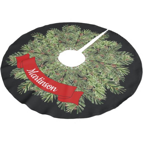 GreenChristmas Garland on Black  Red Banner Brushed Polyester Tree Skirt