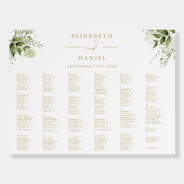 Greenery 200 Names Gold Wedding Seating Chart Sign (Front)