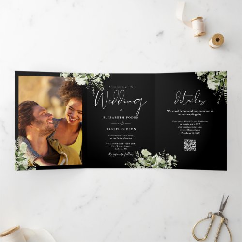 Greenery 2 Photo QR Code Black And White Wedding Tri-Fold Invitation