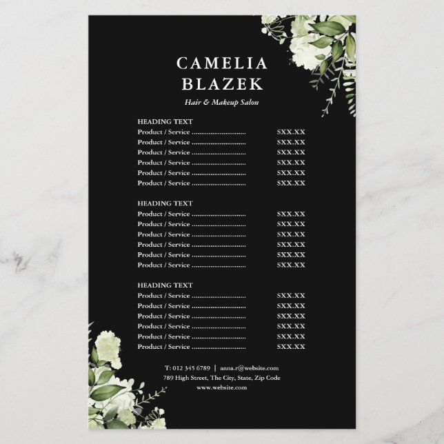 Greenery 2 Sided Black Service Menu Price List Flyer (Front)