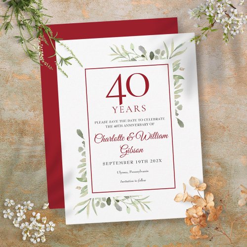 Greenery 40th Anniversary Save the Date Announcement Postcard