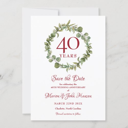 Greenery 40th Wedding Anniversary Save the Date Invitation