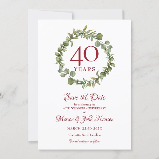Greenery 40th Wedding Anniversary Save the Date Invitation (Front)