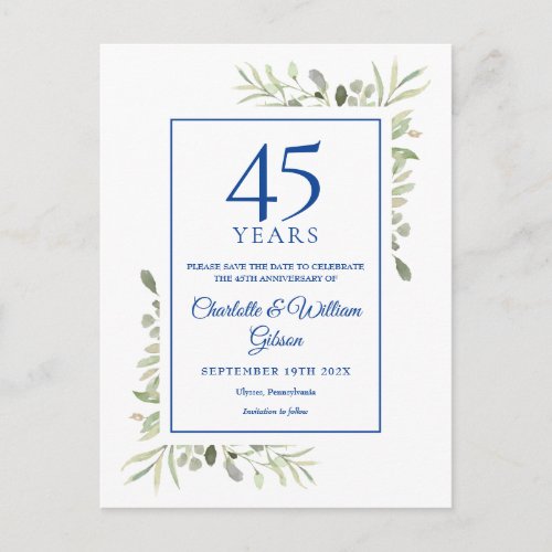 Greenery 45th 65th Anniversary Save the Date Announcement Postcard