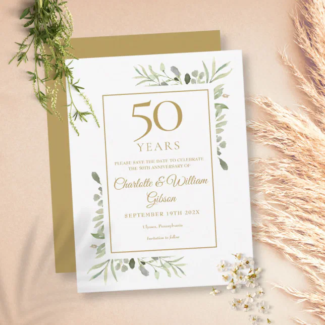 Greenery 50th Wedding Anniversary Save the Date Announcement Postcard ...