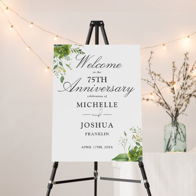 Greenery 75th Wedding Anniversary Welcome Sign (In Situ (Stand))