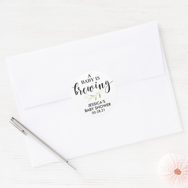 Greenery A Baby is Brewing Beer Baby Shower Classic Round Sticker (Envelope)