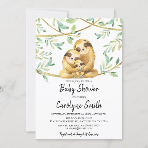 Greenery Adorable Sloth Baby Shower Invitation