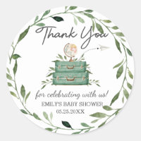 Greenery Adventure Baby Shower Journey Suitcase Classic Round Sticker