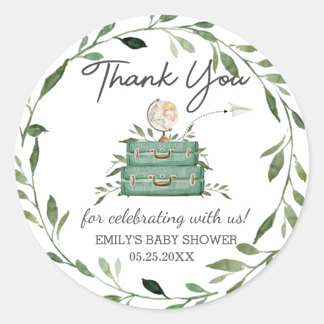 Greenery Adventure Baby Shower Journey Suitcase Classic Round Sticker (Front)